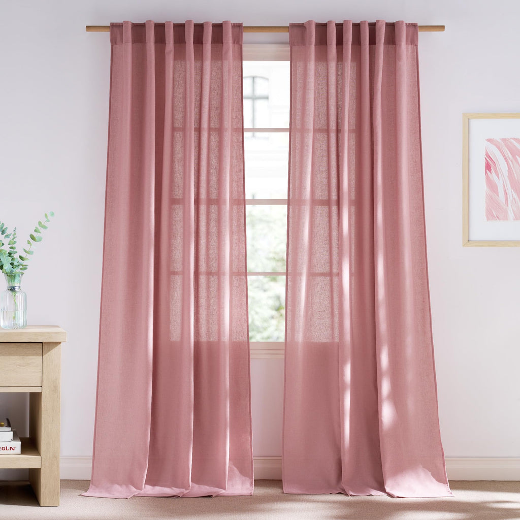 NICETOWN Flax Sheer Linen Curtains for Living Room 95 inch Long 2 Panels, Rod Pocket & Back Tab Semi Sheer Drapes Privacy Added with Light Filtering for Bedroom/Living Room, Natural, W55 x L95