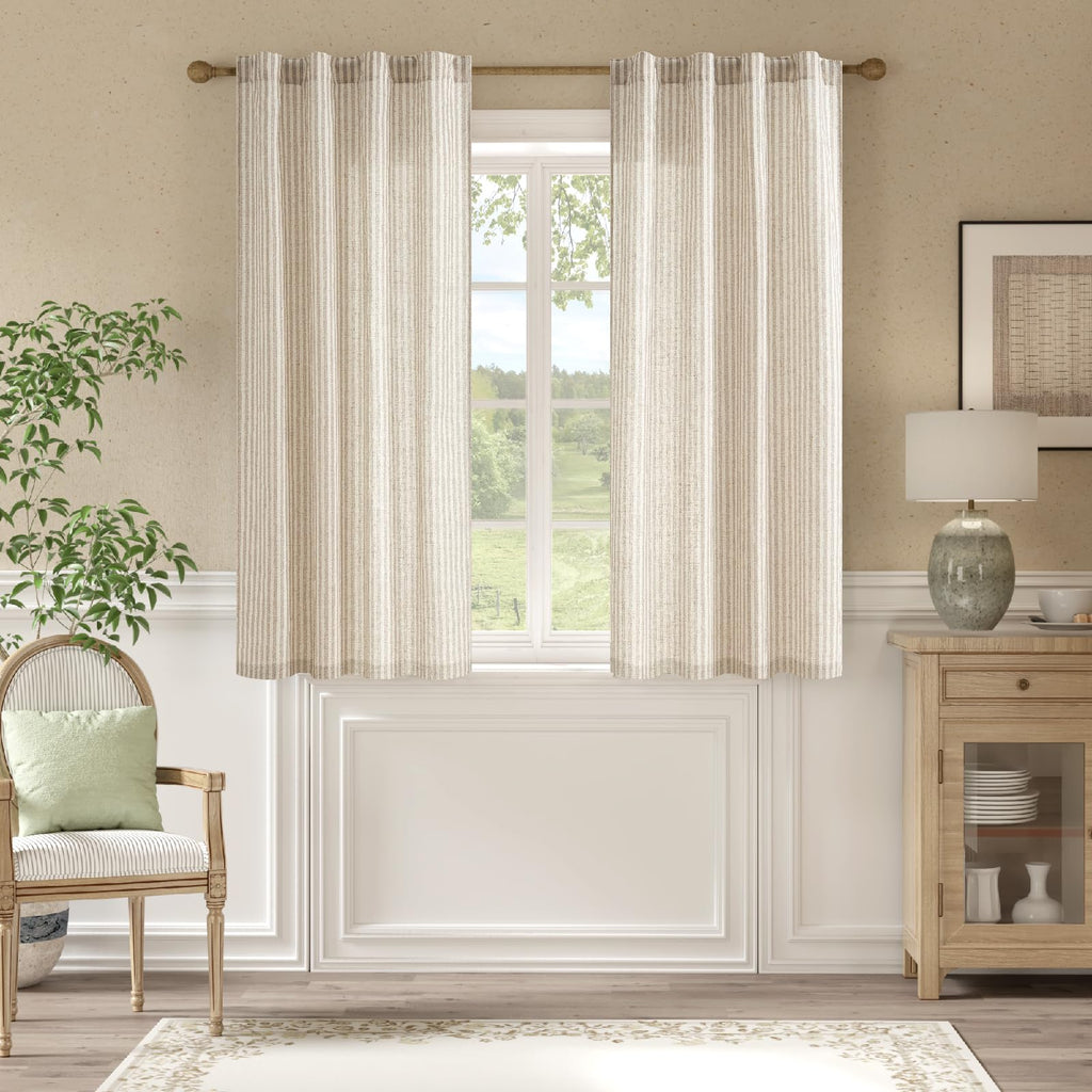 jinchan Linen Curtains 84 Inch Taupe Stripe on Linen Grommet 2 Panels