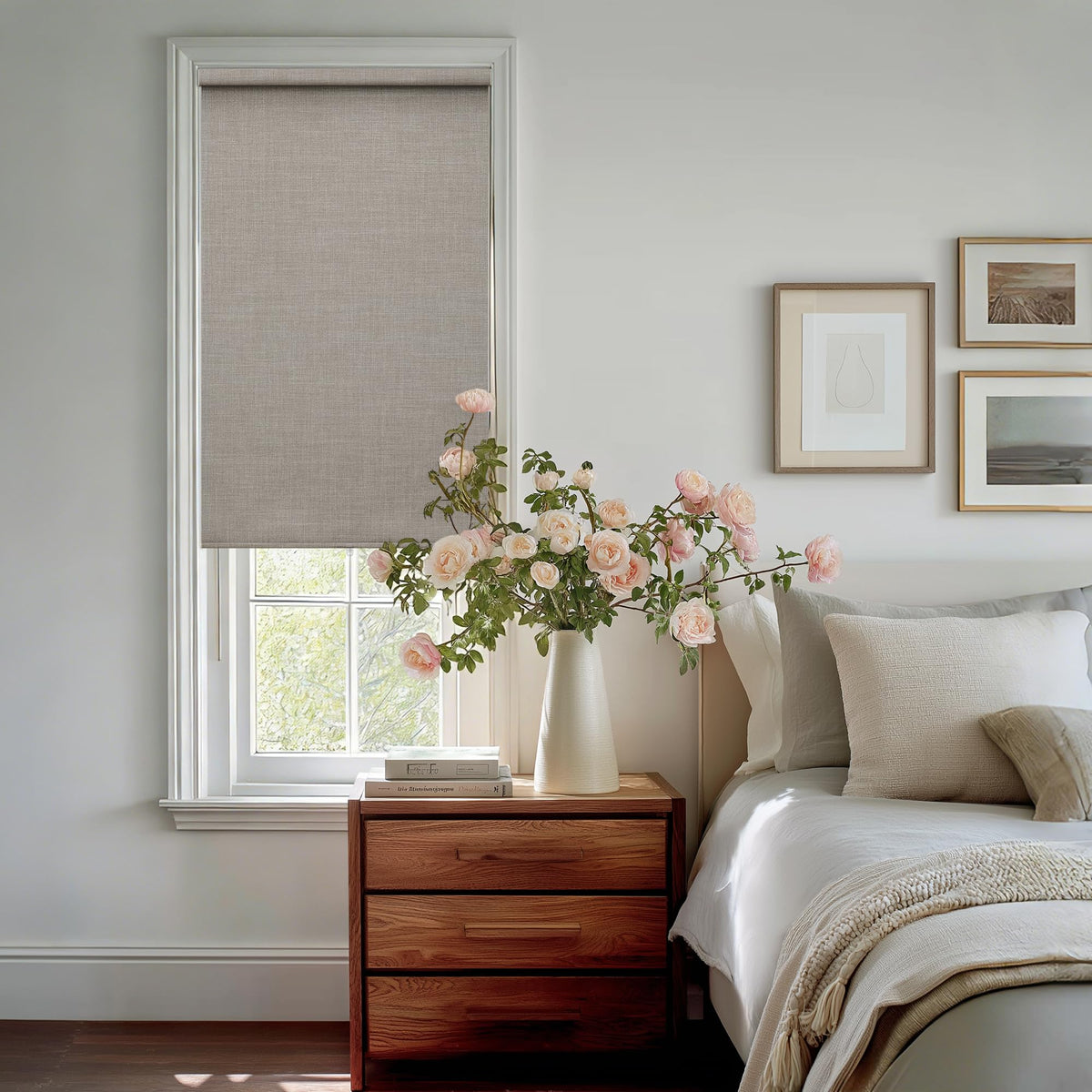Extra Wide Beige Roller Shades 100% Blackout Blinds for Large Window Bedroom Living Room Dining Free-Stop Cordless Thermal Insulated Black Out Shades with Valance, Room Darkening Blinds Oatmeal,72x72