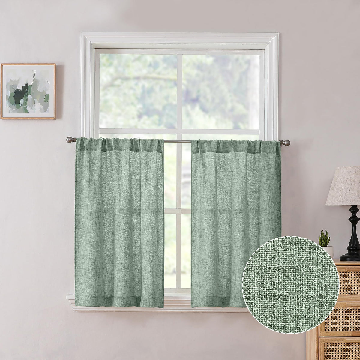 Tollpiz Linen Tier Curtains Rod Pocket Semi Sheer Short Kitchen Curtain Half Burlap Light Filtering Thick Linen Drape for Bathroom, 30 x 30 inches Long, Natural, Set of 2 Panels
