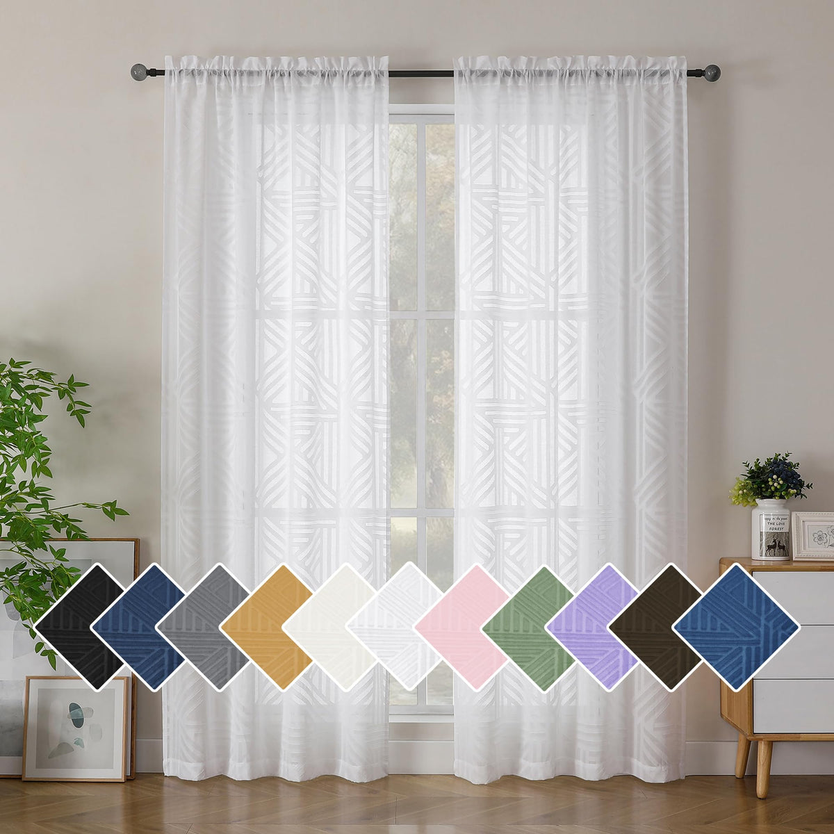 Simplebrand Dusty Blue Semi Sheer Curtains 45 Inch Length 2 Panels, Geometric Jacquard Clip Textured Short Sheer Curtains for Bedroom，Modern Elegant Window Curtains Drapes/Treatment Sheer，42x45 inch
