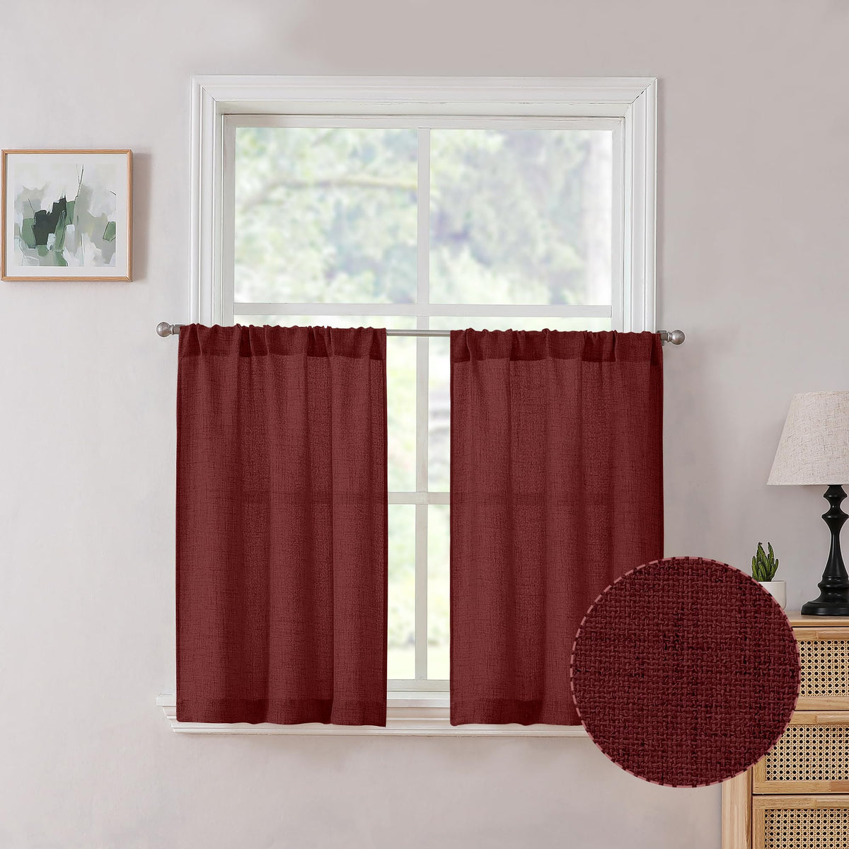 Tollpiz Linen Tier Curtains Rod Pocket Semi Sheer Short Kitchen Curtain Half Burlap Light Filtering Thick Linen Drape for Bathroom, 30 x 30 inches Long, Natural, Set of 2 Panels