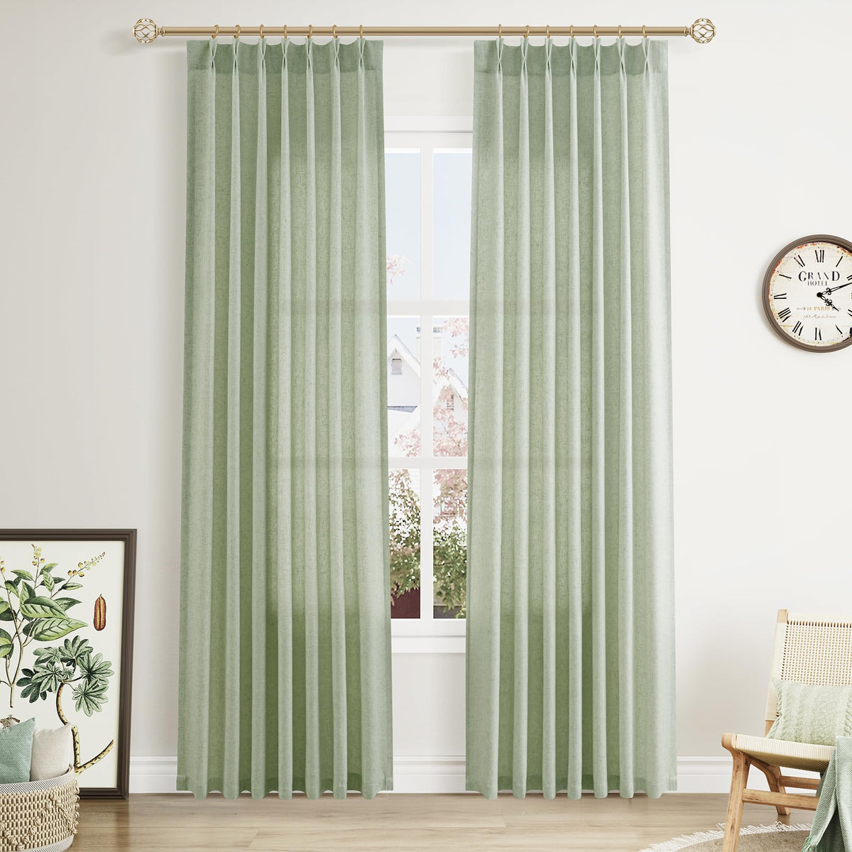Aersas Linen Pinch Pleated Curtains 84 Inch Length 2 Panels Set for Living Room Cream Semi Sheer Window Curtain for Bedroom Boho Farmhouse Neutral Back Tab Drape Decor with Hooks, Natural Beige Ivory