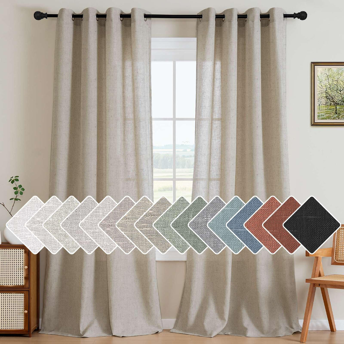 H.VERSAILTEX Natural Linen Grommet Curtains 84 Inch Length for Living Room 2 Panel Drape Semi Sheer Neutral Country Rustic Farmhouse Boho Curtain Bedroom Muslin Look Light Filtering, Heathered Natural
