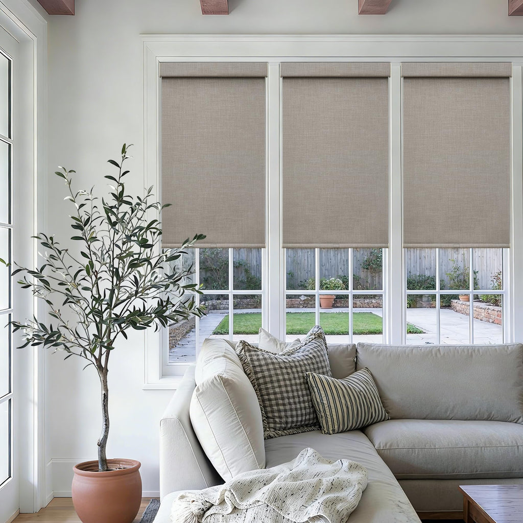Extra Wide Beige Roller Shades 100% Blackout Blinds for Large Window Bedroom Living Room Dining Free-Stop Cordless Thermal Insulated Black Out Shades with Valance, Room Darkening Blinds Oatmeal,72x72
