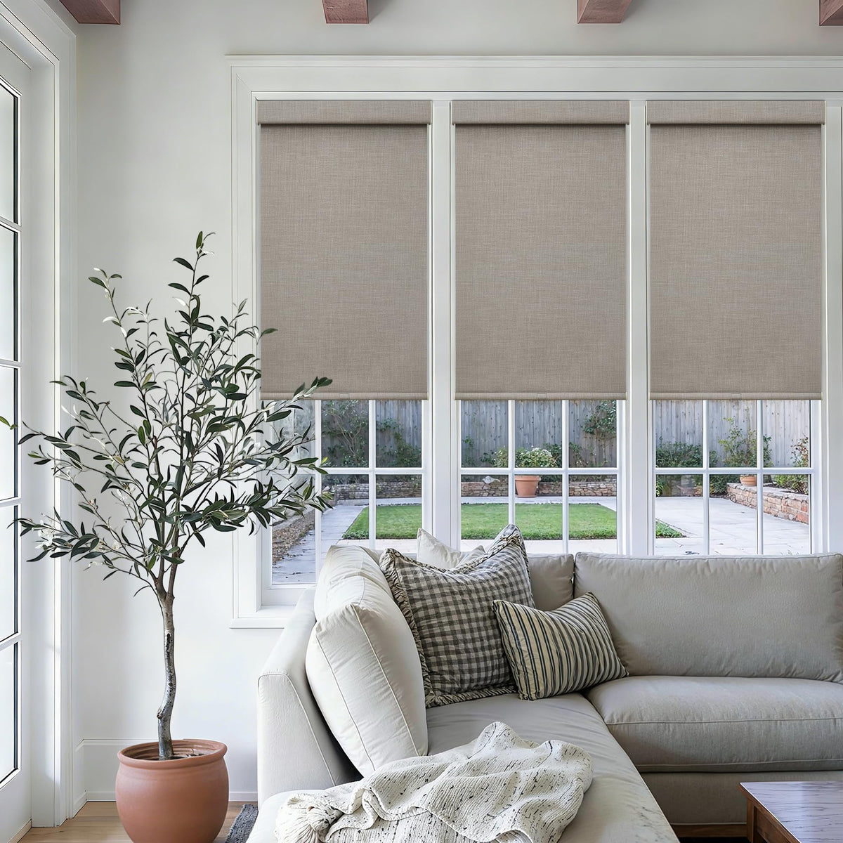 Extra Wide Beige Roller Shades 100% Blackout Blinds for Large Window Bedroom Living Room Dining Free-Stop Cordless Thermal Insulated Black Out Shades with Valance, Room Darkening Blinds Oatmeal,72x72