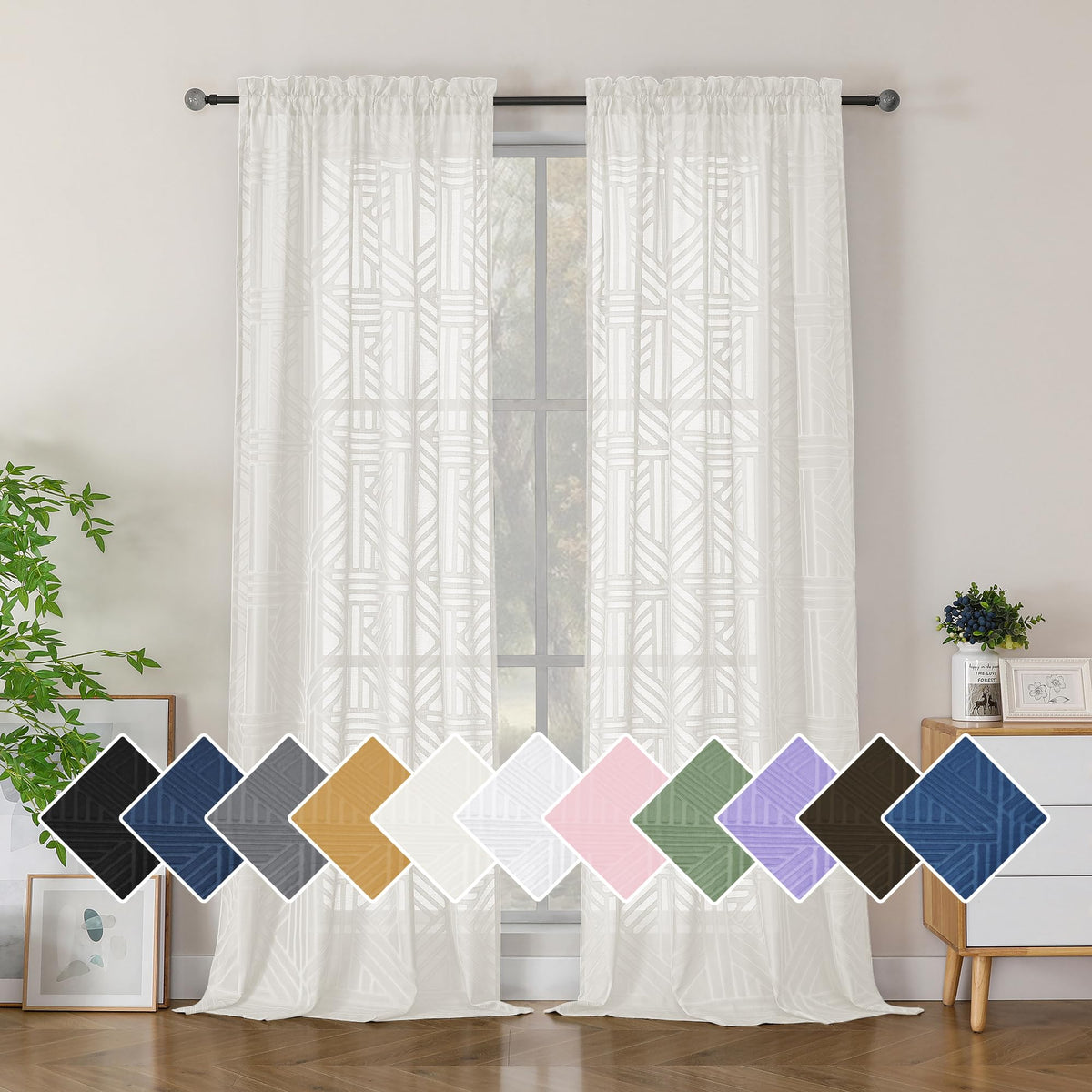 Simplebrand Dusty Blue Semi Sheer Curtains 45 Inch Length 2 Panels, Geometric Jacquard Clip Textured Short Sheer Curtains for Bedroom，Modern Elegant Window Curtains Drapes/Treatment Sheer，42x45 inch
