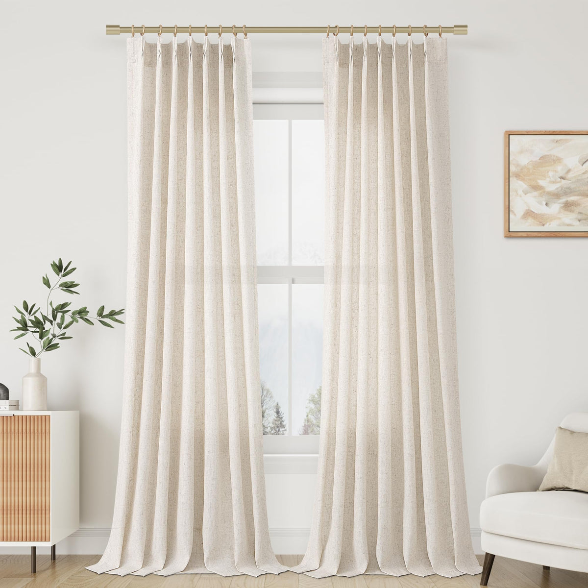 Aersas Linen Pinch Pleated Curtains 84 Inch Length 2 Panels Set for Living Room Cream Semi Sheer Window Curtain for Bedroom Boho Farmhouse Neutral Back Tab Drape Decor with Hooks, Natural Beige Ivory