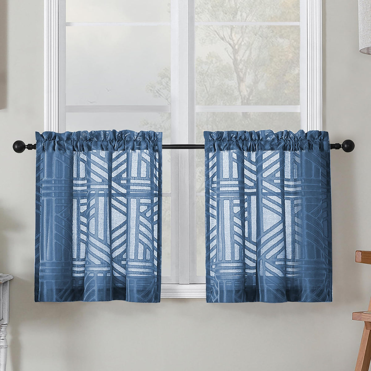 Simplebrand Dusty Blue Semi Sheer Curtains 45 Inch Length 2 Panels, Geometric Jacquard Clip Textured Short Sheer Curtains for Bedroom，Modern Elegant Window Curtains Drapes/Treatment Sheer，42x45 inch