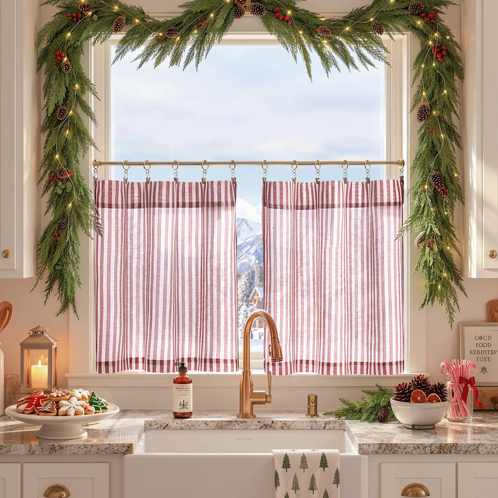 jinchan Striped Linen Kitchen Curtains 36 Inches Length Tier Curtains Farmhouse Modern Cafe Style Small Window Treatments Airy Light Filtering Rod Pocket for Living Room Bathroom 2 Panels Sage Green