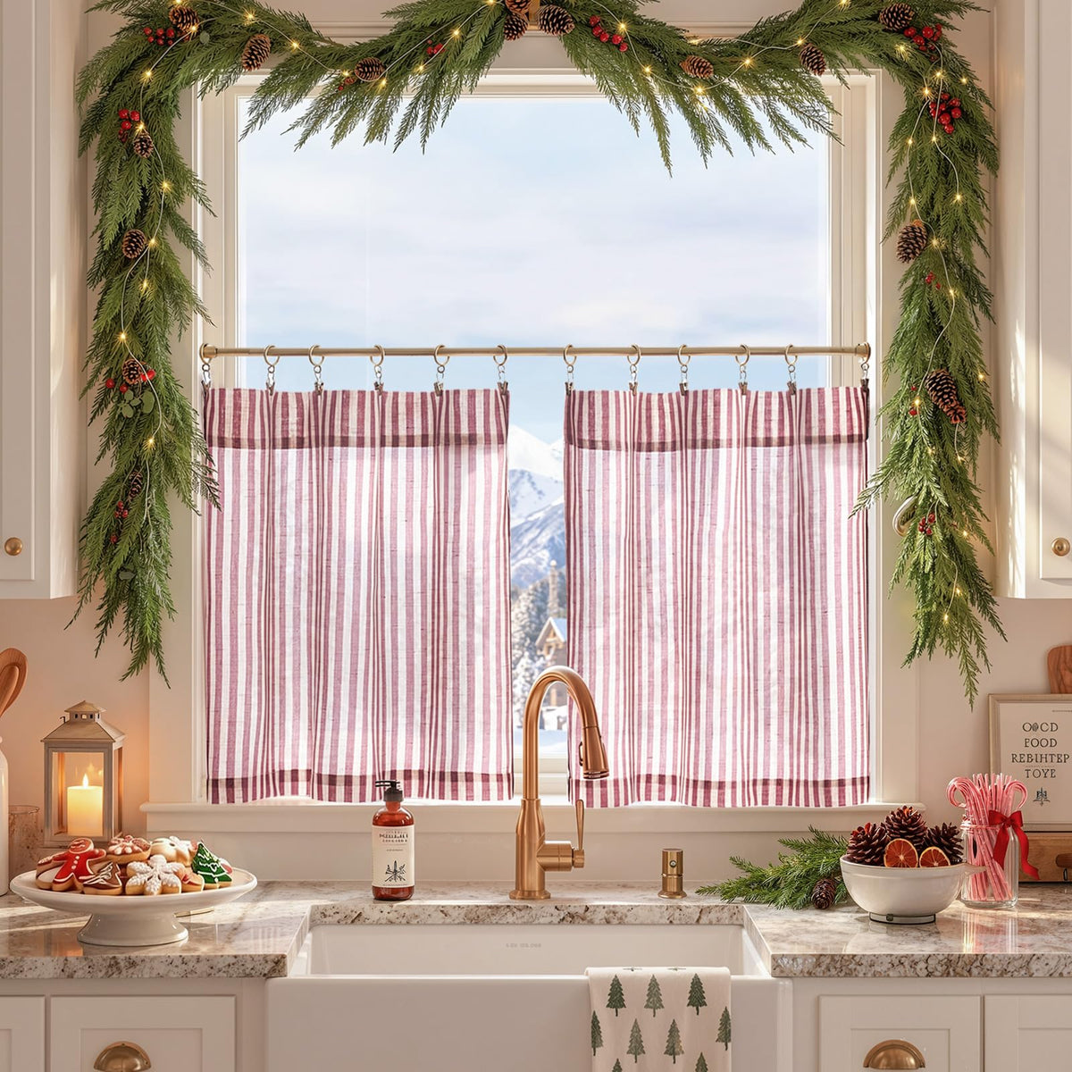 jinchan Striped Linen Kitchen Curtains 36 Inches Length Tier Curtains Farmhouse Modern Cafe Style Small Window Treatments Airy Light Filtering Rod Pocket for Living Room Bathroom 2 Panels Sage Green