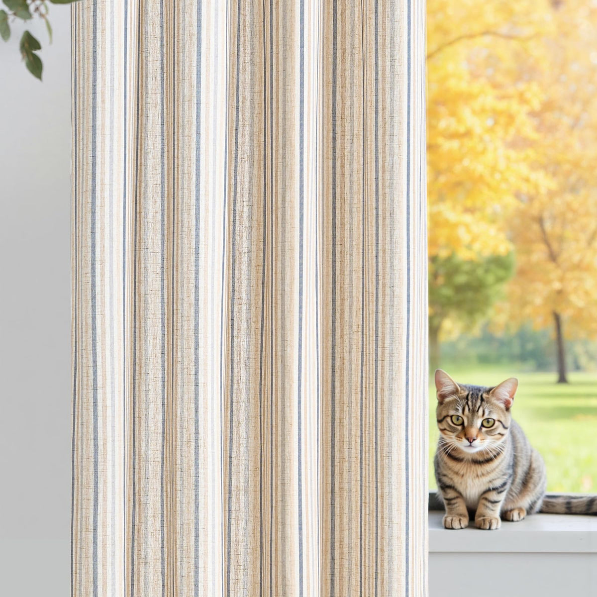 jinchan Linen Curtains 84 Inch Taupe Stripe on Linen Grommet 2 Panels