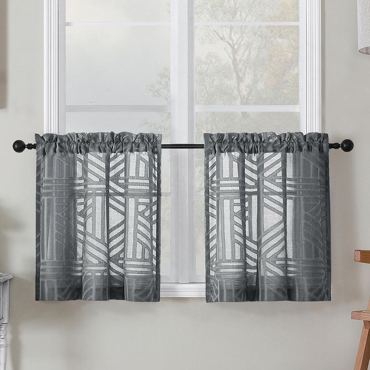 Simplebrand Dusty Blue Semi Sheer Curtains 45 Inch Length 2 Panels, Geometric Jacquard Clip Textured Short Sheer Curtains for Bedroom，Modern Elegant Window Curtains Drapes/Treatment Sheer，42x45 inch