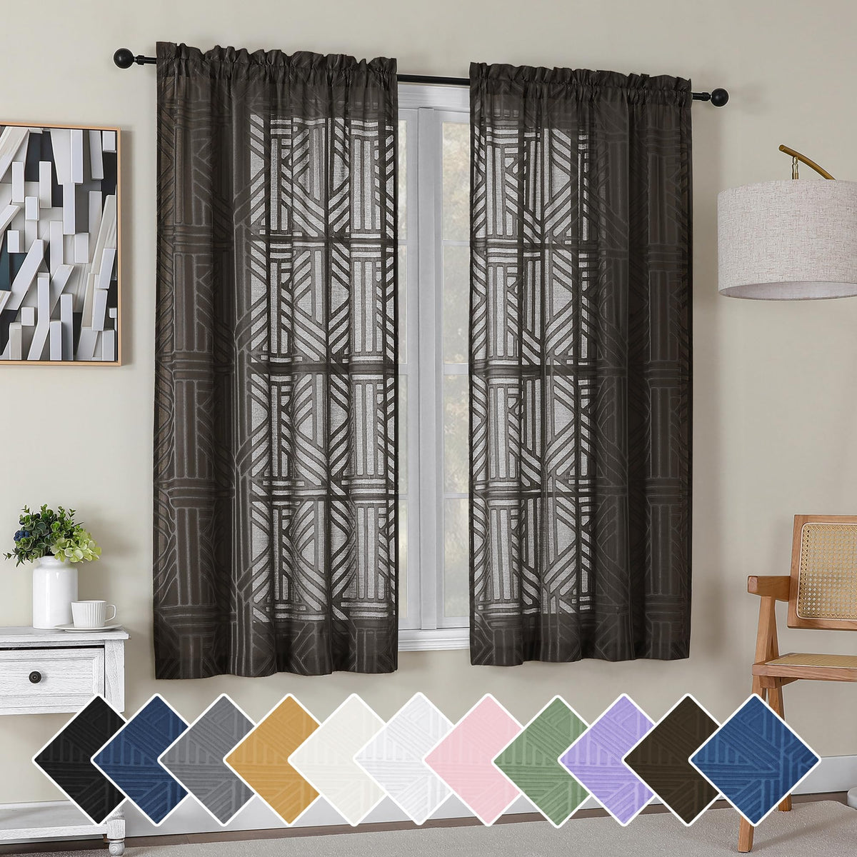 Simplebrand Dusty Blue Semi Sheer Curtains 45 Inch Length 2 Panels, Geometric Jacquard Clip Textured Short Sheer Curtains for Bedroom，Modern Elegant Window Curtains Drapes/Treatment Sheer，42x45 inch