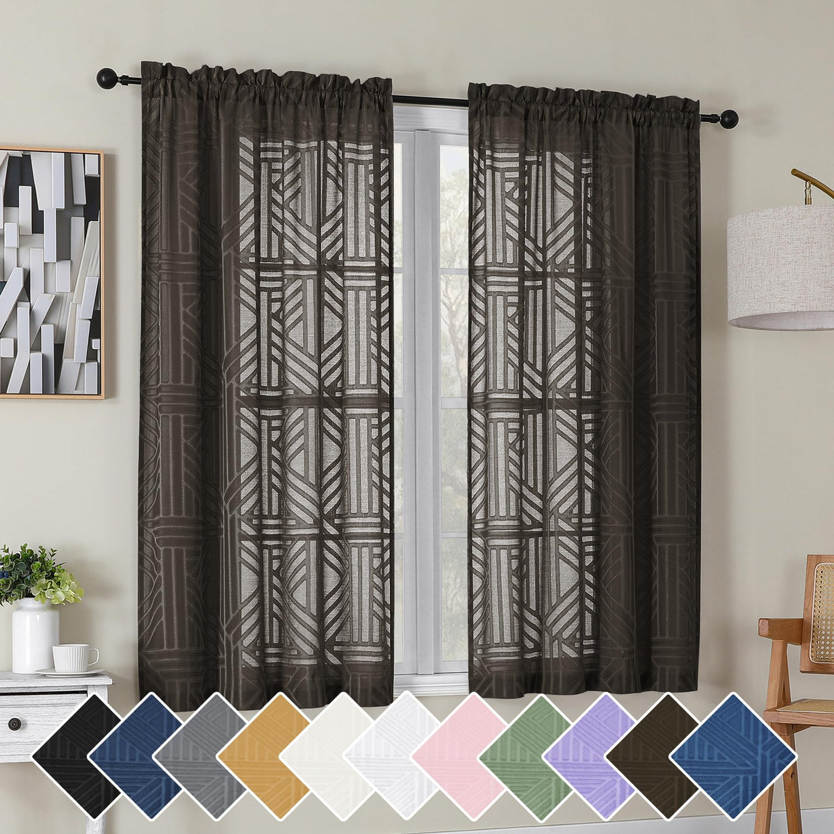 Simplebrand Dusty Blue Semi Sheer Curtains 45 Inch Length 2 Panels, Geometric Jacquard Clip Textured Short Sheer Curtains for Bedroom，Modern Elegant Window Curtains Drapes/Treatment Sheer，42x45 inch