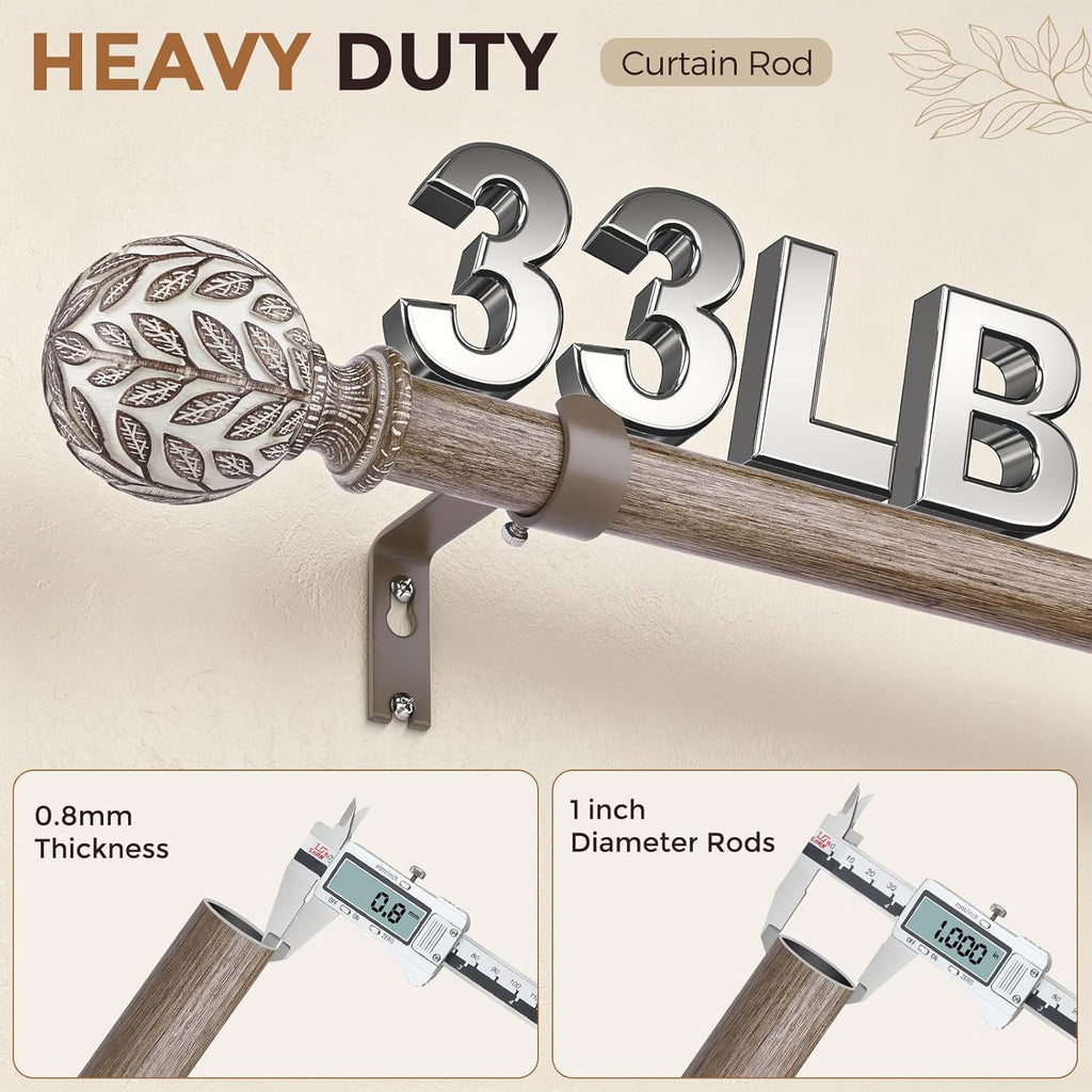 Curtain Rod 36-122 Inch, Boho Wood 1 Inch Curtain Rods for Windows