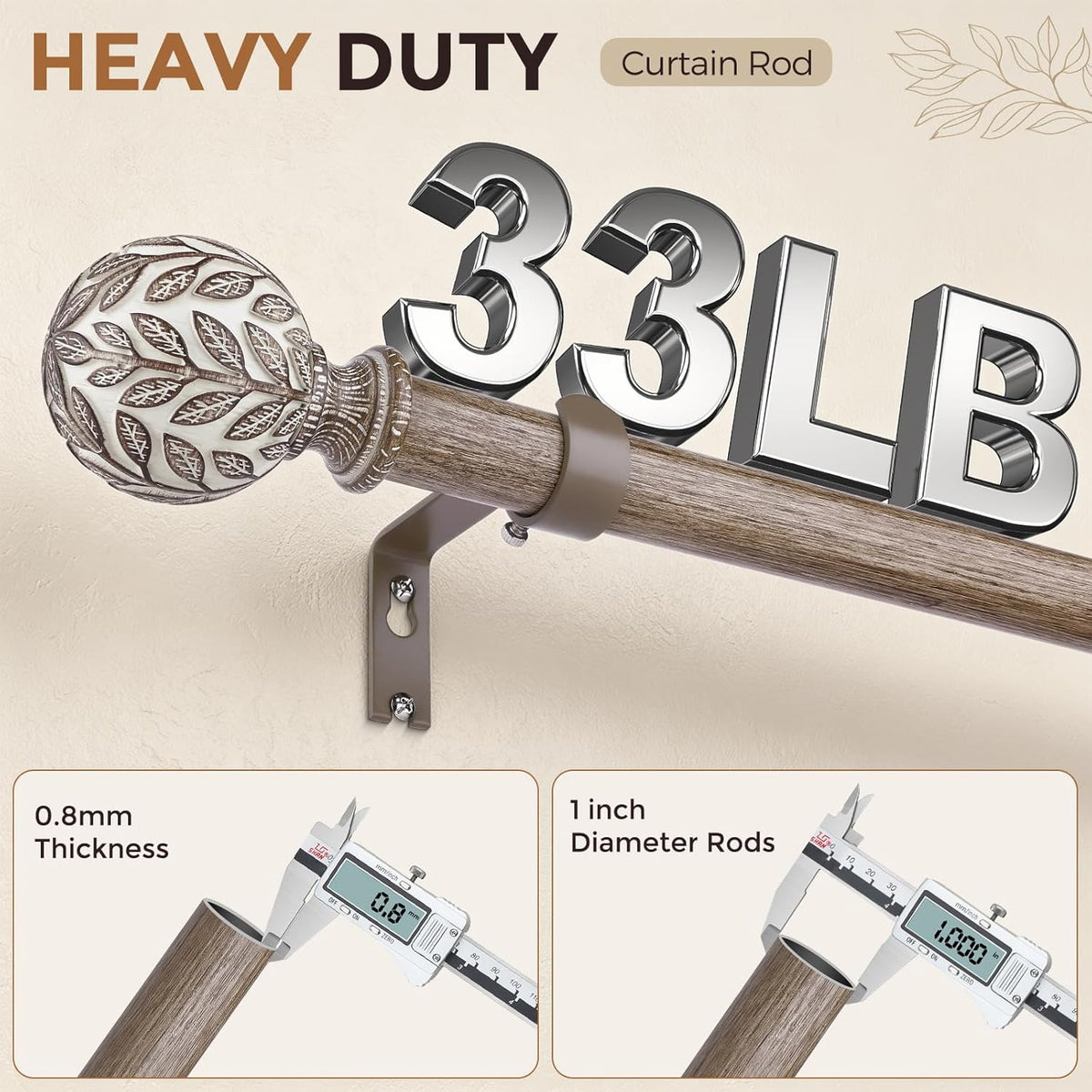 Curtain Rod 36-122 Inch, Boho Wood 1 Inch Curtain Rods for Windows
