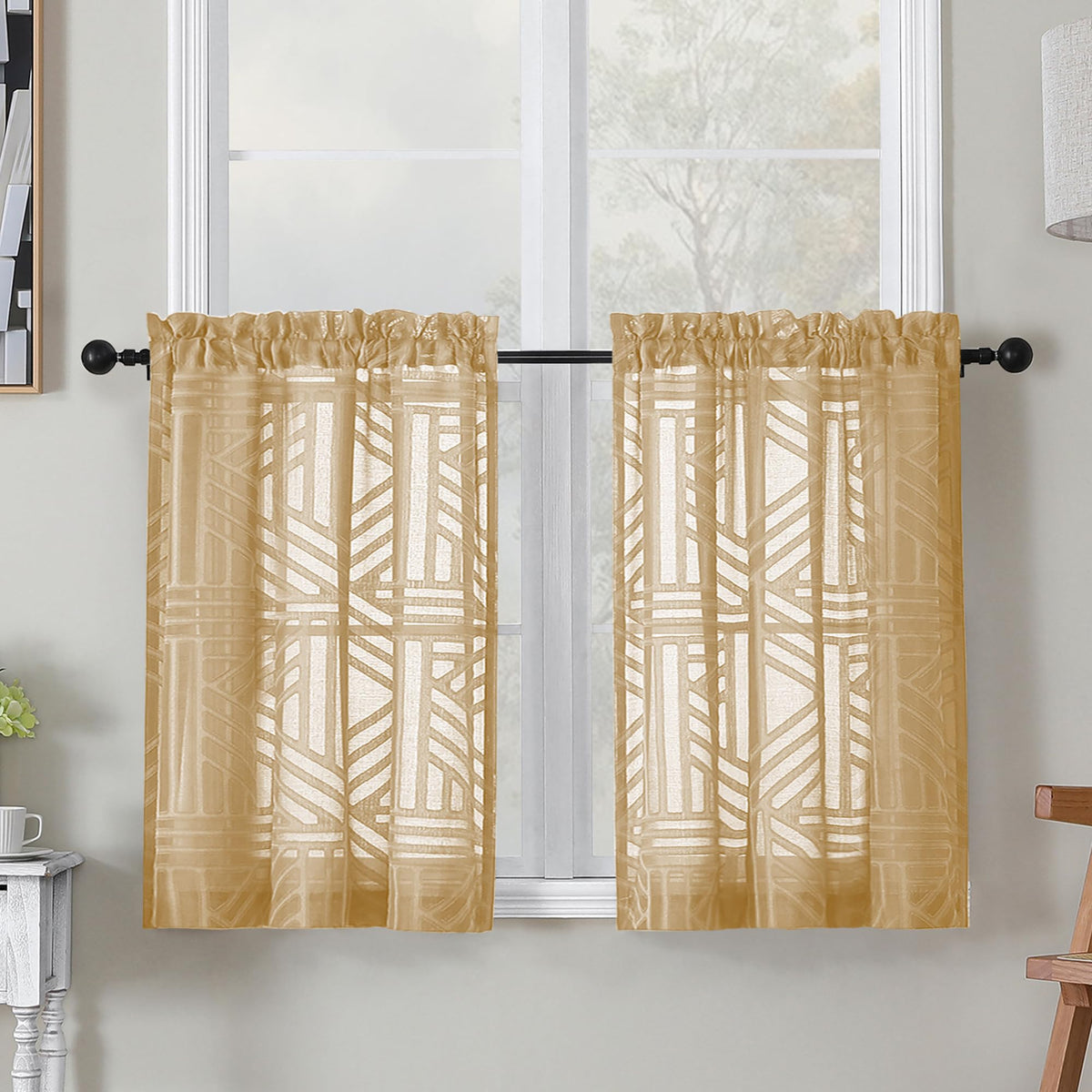 Simplebrand Dusty Blue Semi Sheer Curtains 45 Inch Length 2 Panels, Geometric Jacquard Clip Textured Short Sheer Curtains for Bedroom，Modern Elegant Window Curtains Drapes/Treatment Sheer，42x45 inch