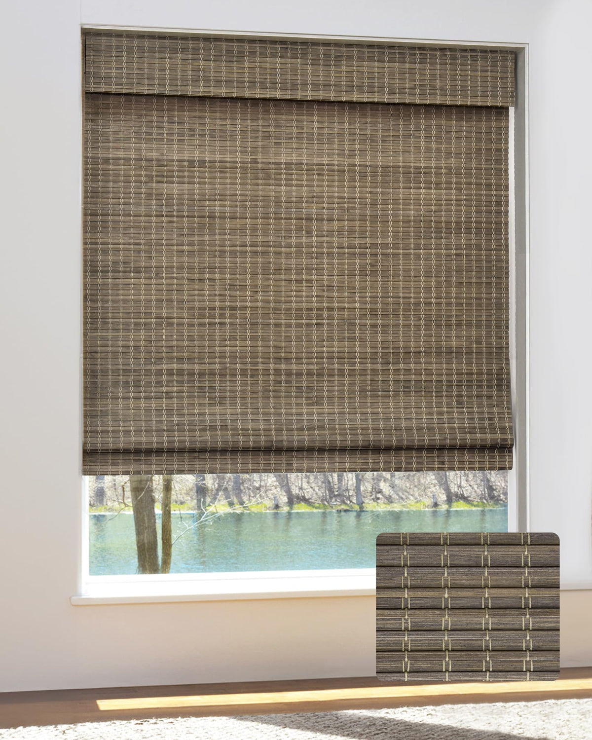UNISHADES Bamboo Roman Shades w/Valance, 36" W × 64" H, Highfield Teak