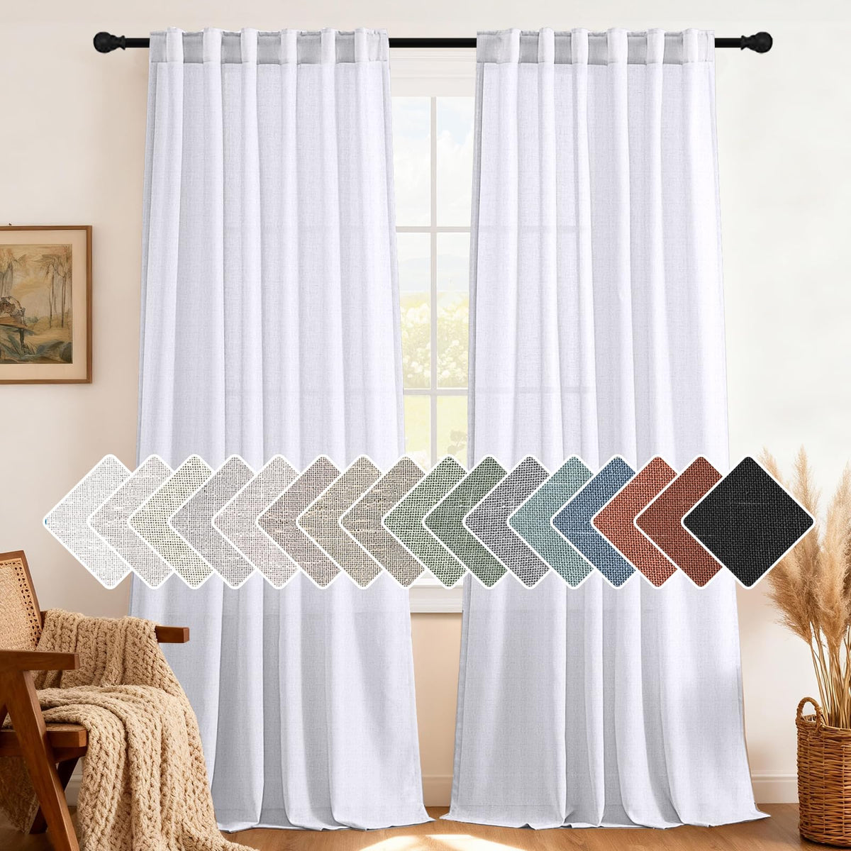 H.VERSAILTEX Natural Linen Grommet Curtains 84 Inch Length for Living Room 2 Panel Drape Semi Sheer Neutral Country Rustic Farmhouse Boho Curtain Bedroom Muslin Look Light Filtering, Heathered Natural