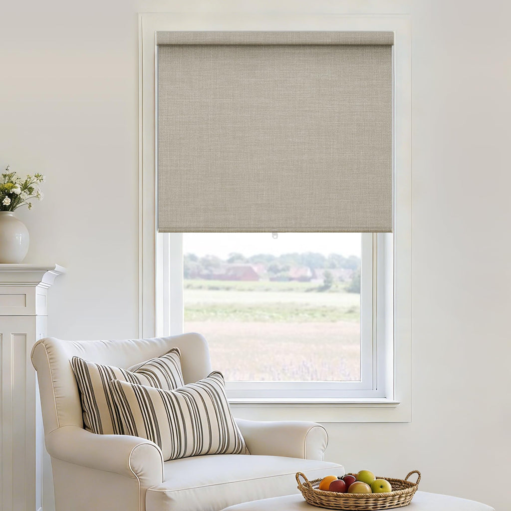Extra Wide Beige Roller Shades 100% Blackout Blinds for Large Window Bedroom Living Room Dining Free-Stop Cordless Thermal Insulated Black Out Shades with Valance, Room Darkening Blinds Oatmeal,72x72