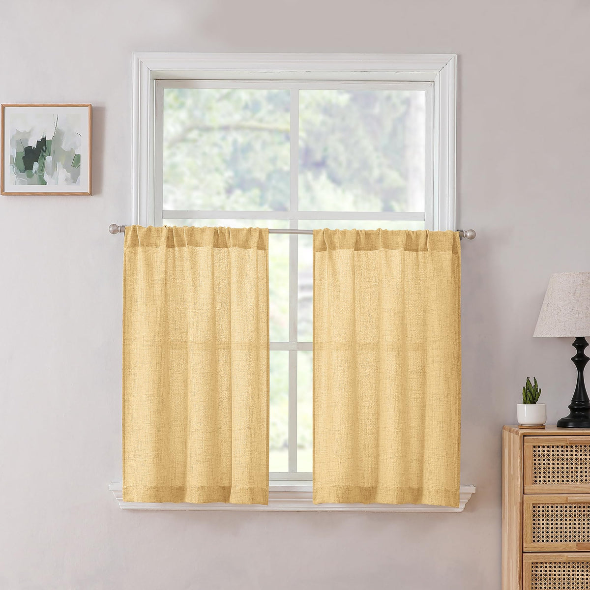 Tollpiz Linen Tier Curtains Rod Pocket Semi Sheer Short Kitchen Curtain Half Burlap Light Filtering Thick Linen Drape for Bathroom, 30 x 30 inches Long, Natural, Set of 2 Panels