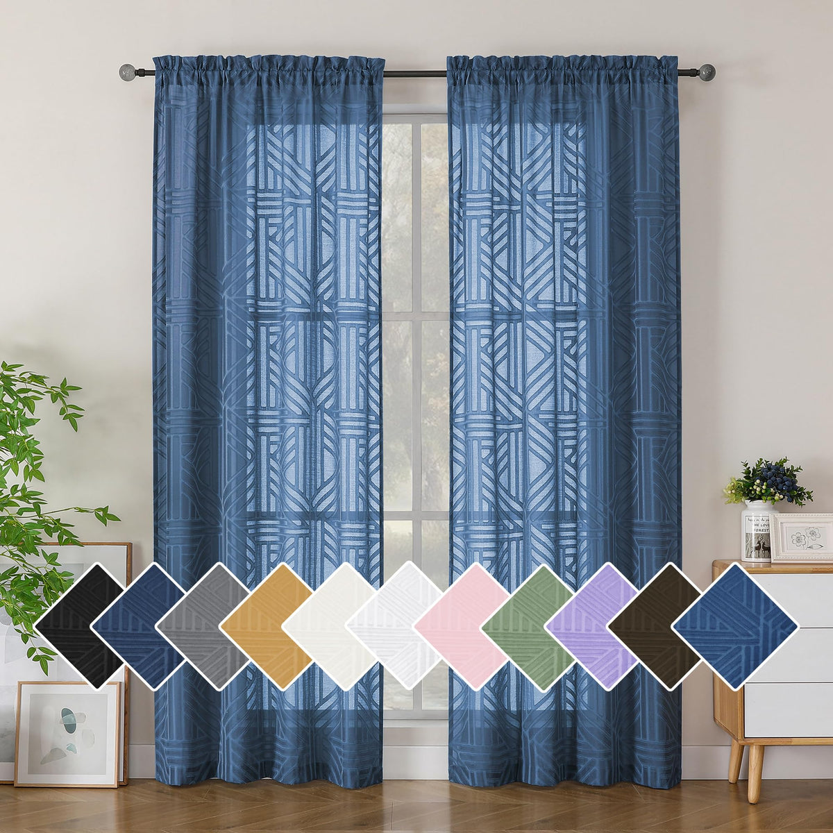 Simplebrand Dusty Blue Semi Sheer Curtains 45 Inch Length 2 Panels, Geometric Jacquard Clip Textured Short Sheer Curtains for Bedroom，Modern Elegant Window Curtains Drapes/Treatment Sheer，42x45 inch