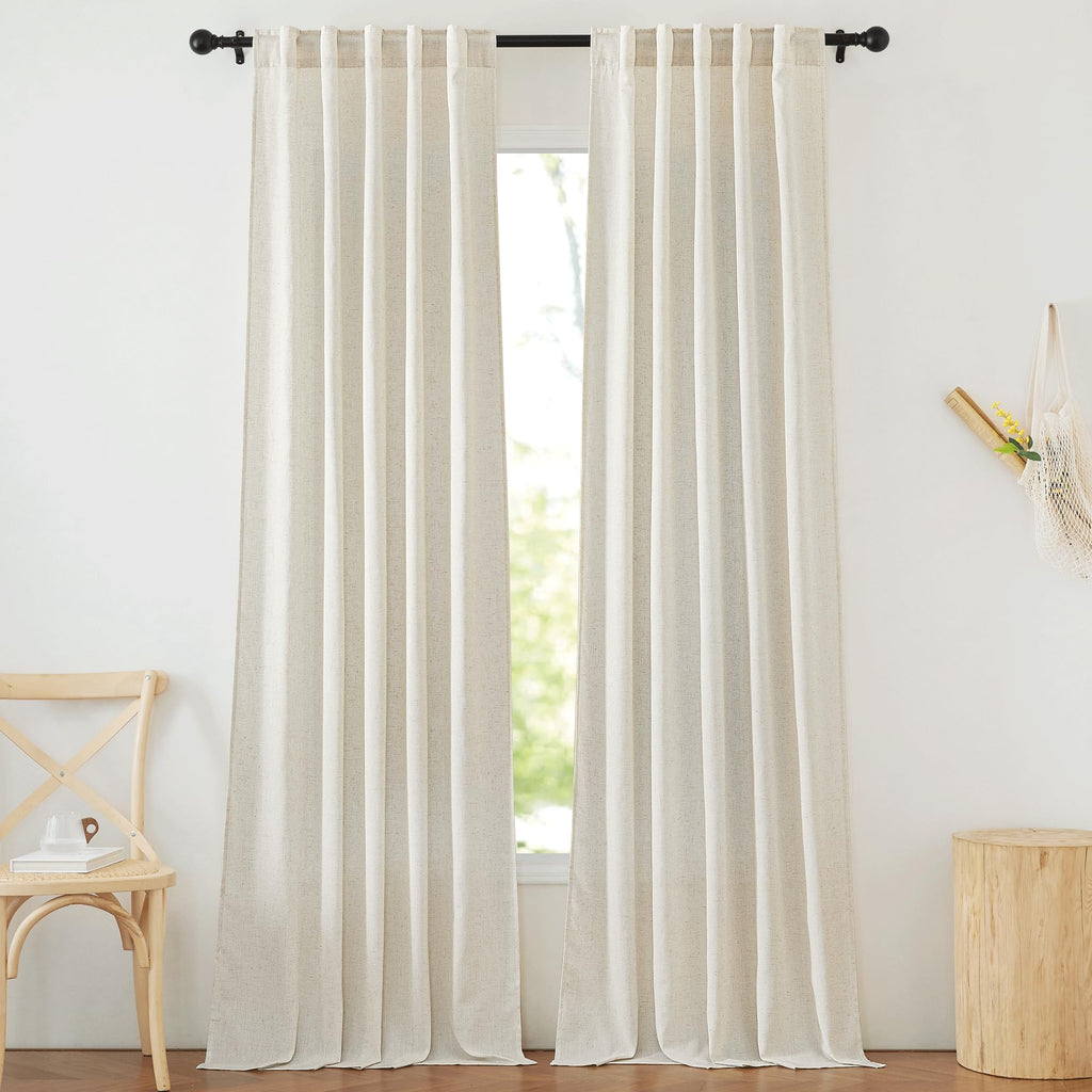 NICETOWN Flax Sheer Linen Curtains for Living Room 95 inch Long 2 Panels, Rod Pocket & Back Tab Semi Sheer Drapes Privacy Added with Light Filtering for Bedroom/Living Room, Natural, W55 x L95