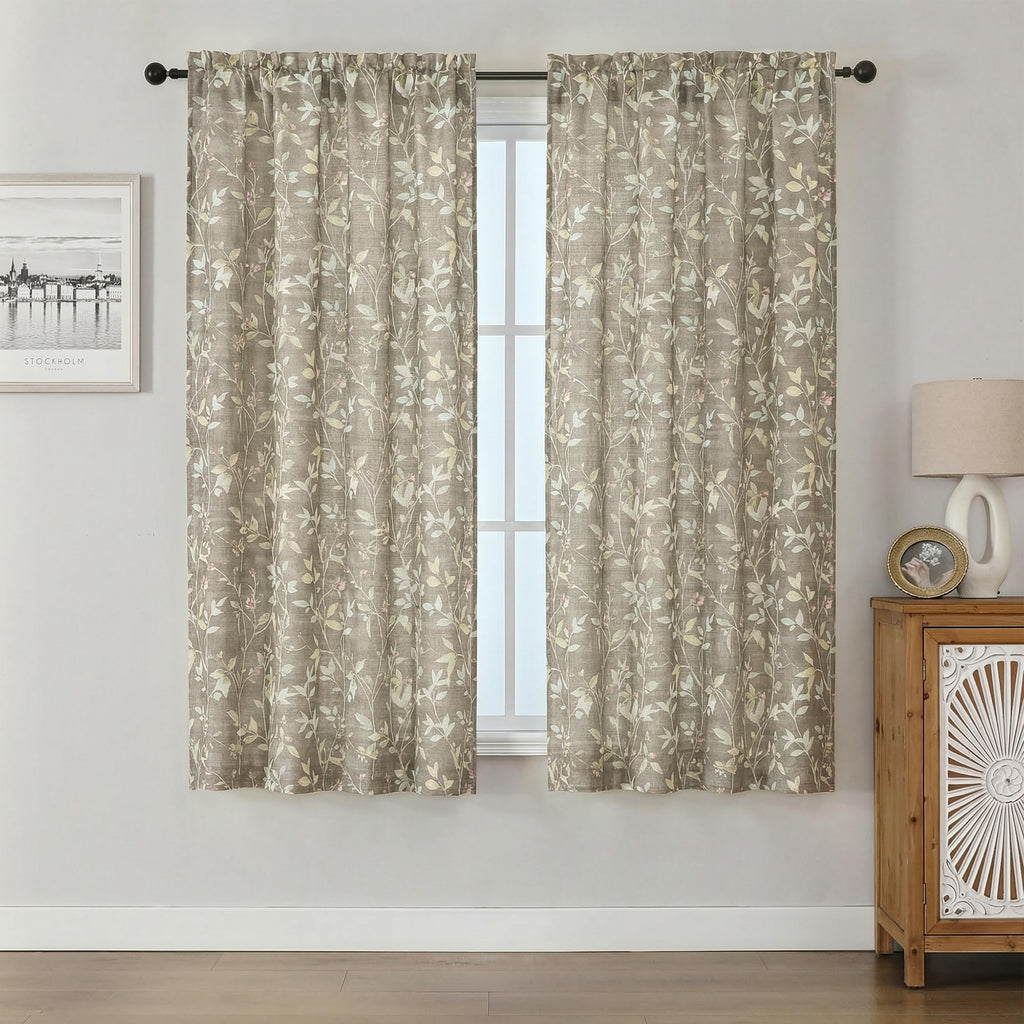 Chyhomenyc Roman Linen Blend Curtains 45 Inch Length 2 Panels, Light Filtering Soft Airy Leaf Floral Printed Rod Pocket Textured Window Treatment Drapes for Living Room Bedroom, 38Wx45L Inch, 2 PCS