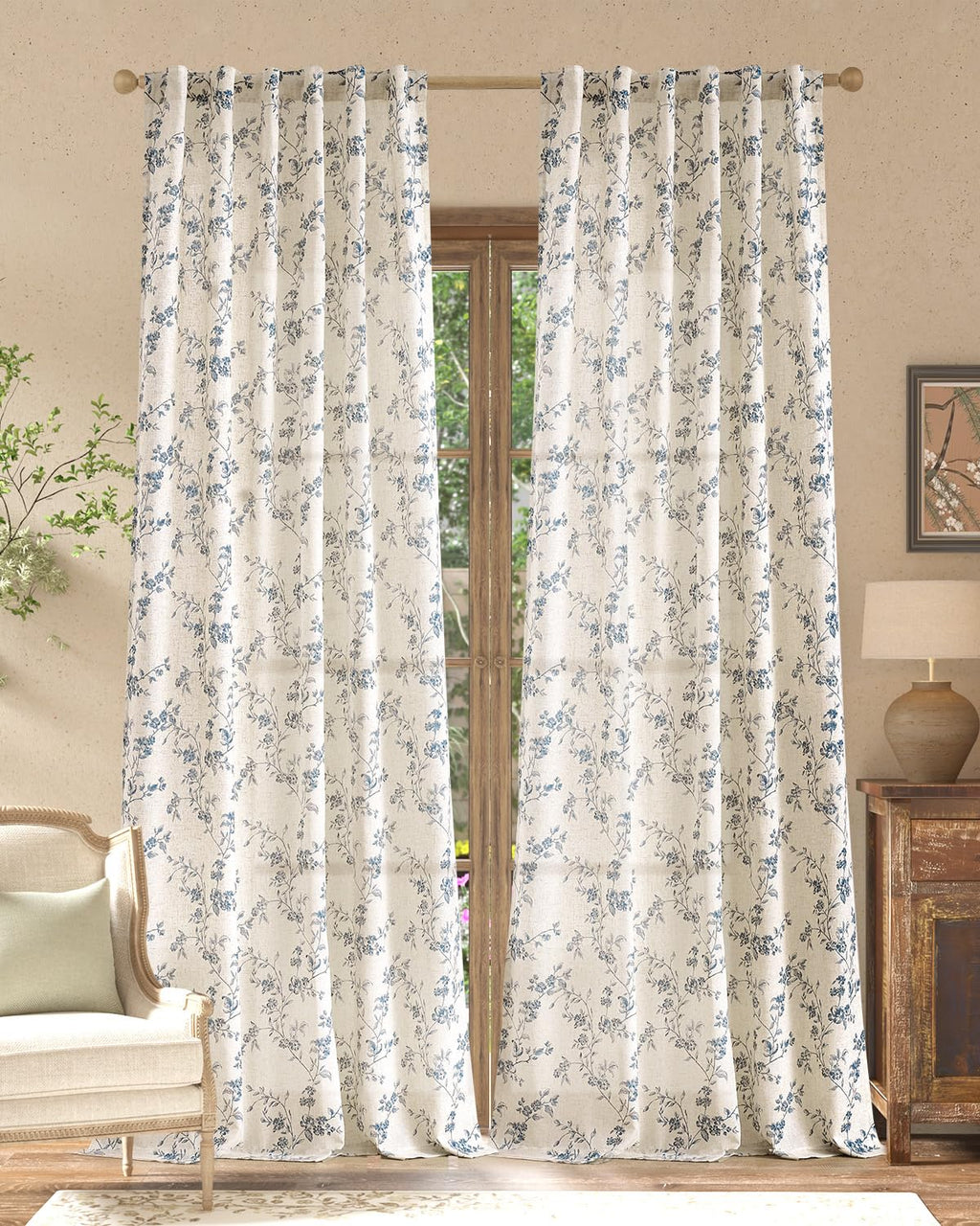 jinchan Taupe Floral Linen Curtains 84 Inch Farmhouse Back Tab 2 Panels