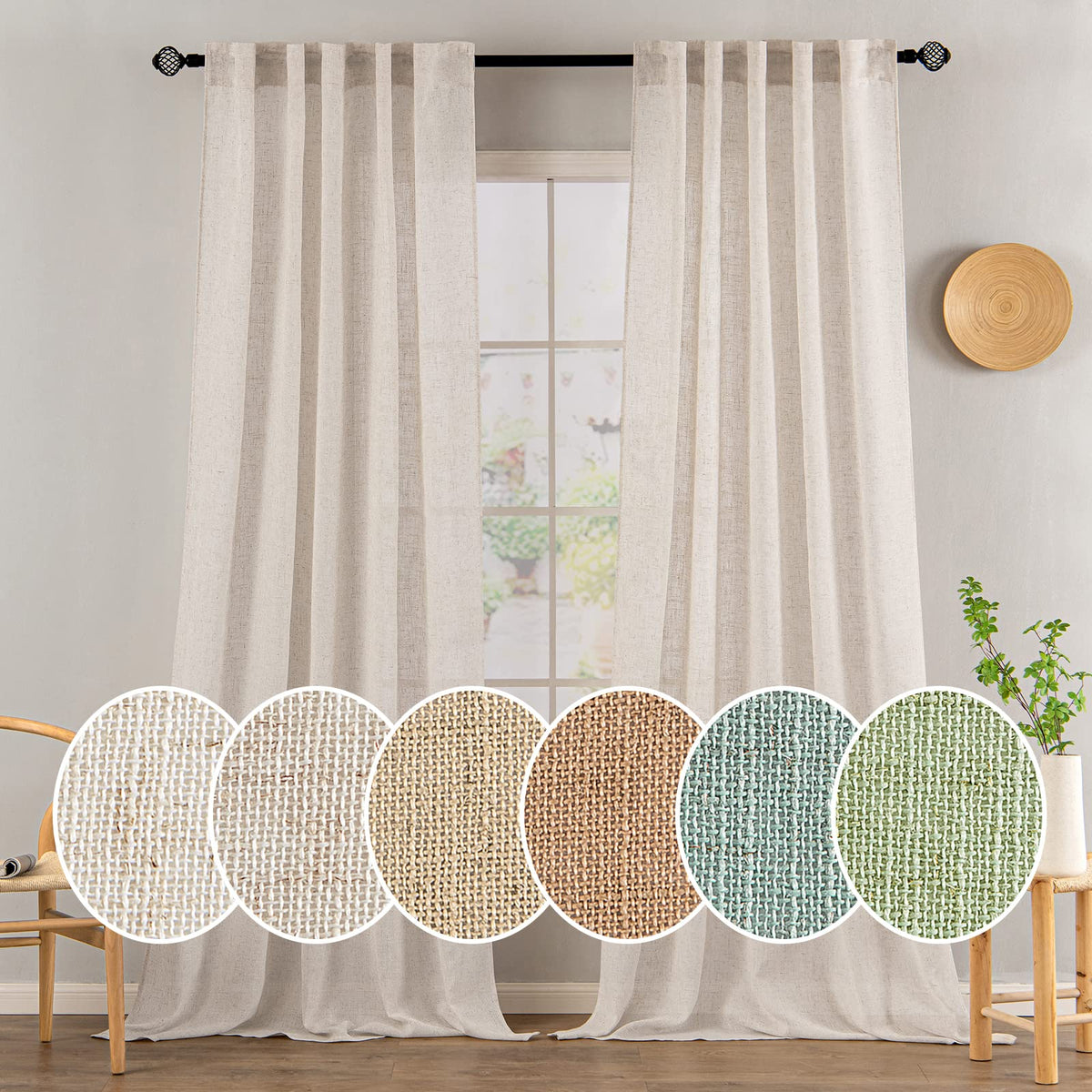 MIULEE Natural White Linen Curtains 52x96 Inch Long 2 Panels for Bedroom