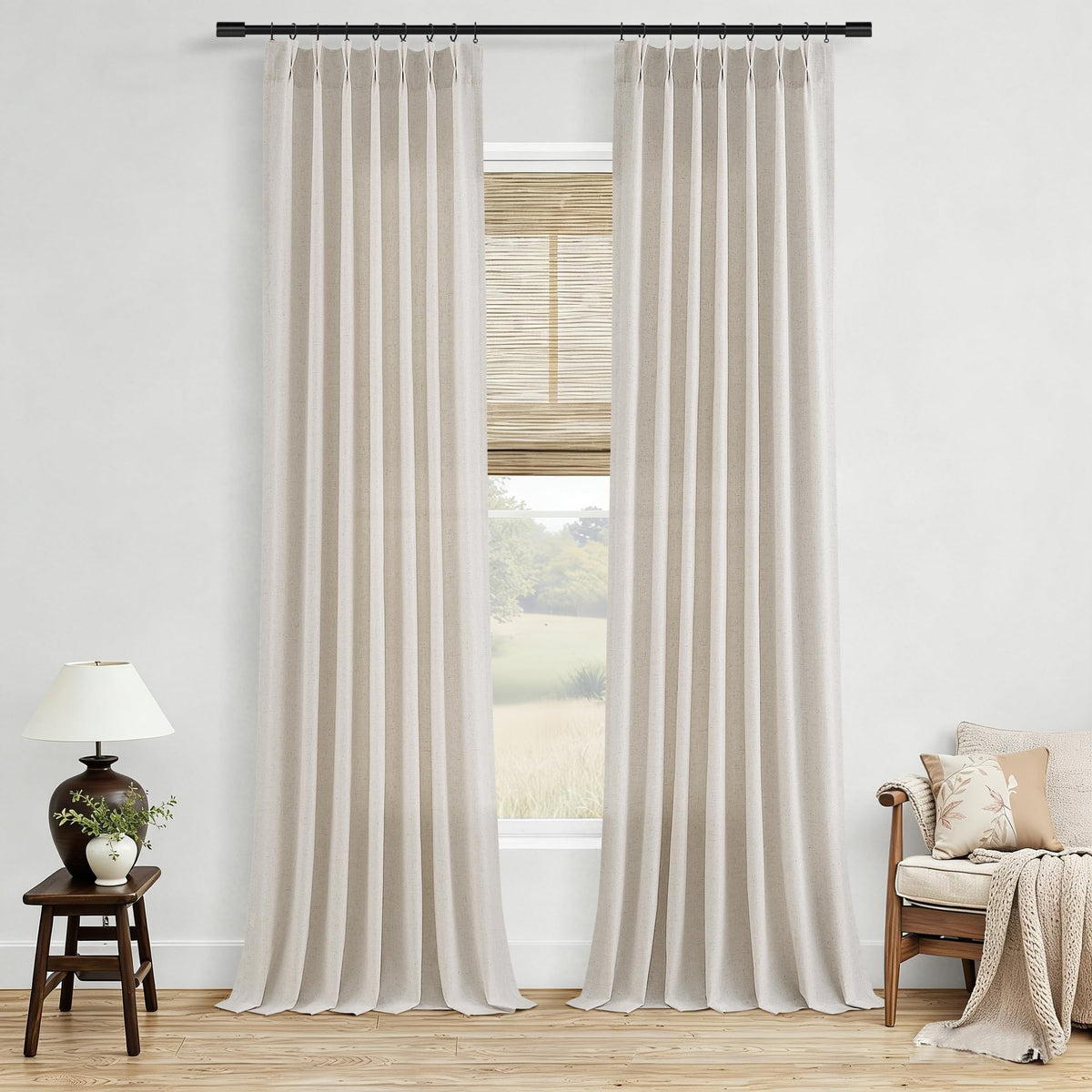 Aersas Linen Pinch Pleated Curtains 84 Inch Length 2 Panels Set for Living Room Cream Semi Sheer Window Curtain for Bedroom Boho Farmhouse Neutral Back Tab Drape Decor with Hooks, Natural Beige Ivory