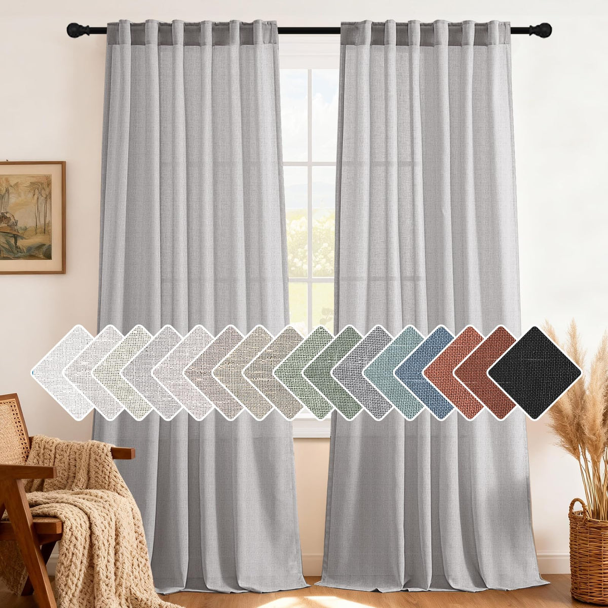 H.VERSAILTEX Natural Linen Grommet Curtains 84 Inch Length for Living Room 2 Panel Drape Semi Sheer Neutral Country Rustic Farmhouse Boho Curtain Bedroom Muslin Look Light Filtering, Heathered Natural