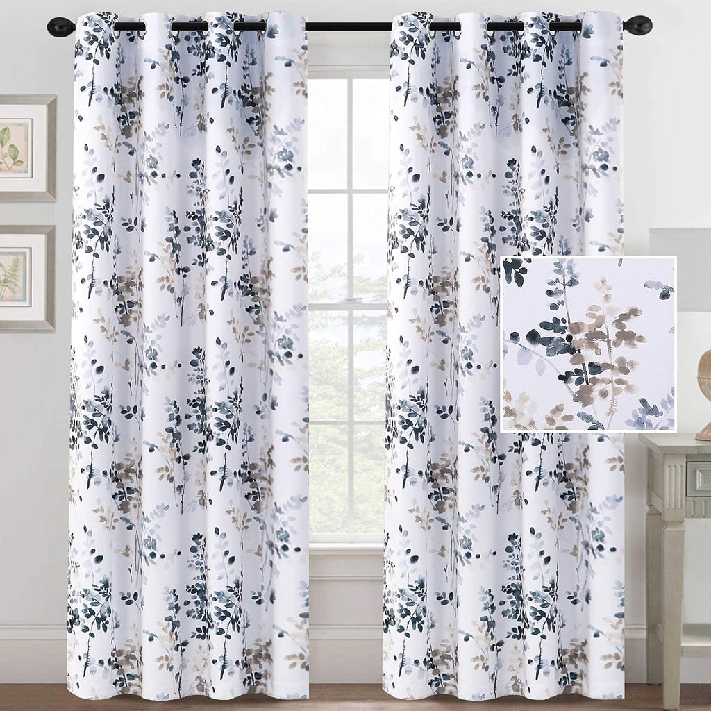 H.VERSAILTEX Blackout Floral Curtains 84”L for Living Room, Bluestone/Taupe