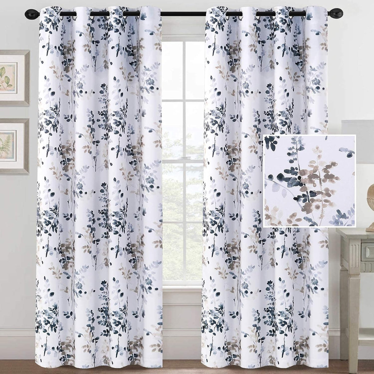 H.VERSAILTEX Blackout Floral Curtains 84”L for Living Room, Bluestone/Taupe