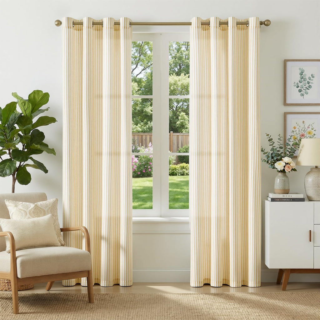 jinchan Linen Curtains 84 Inch Taupe Stripe on Linen Grommet 2 Panels