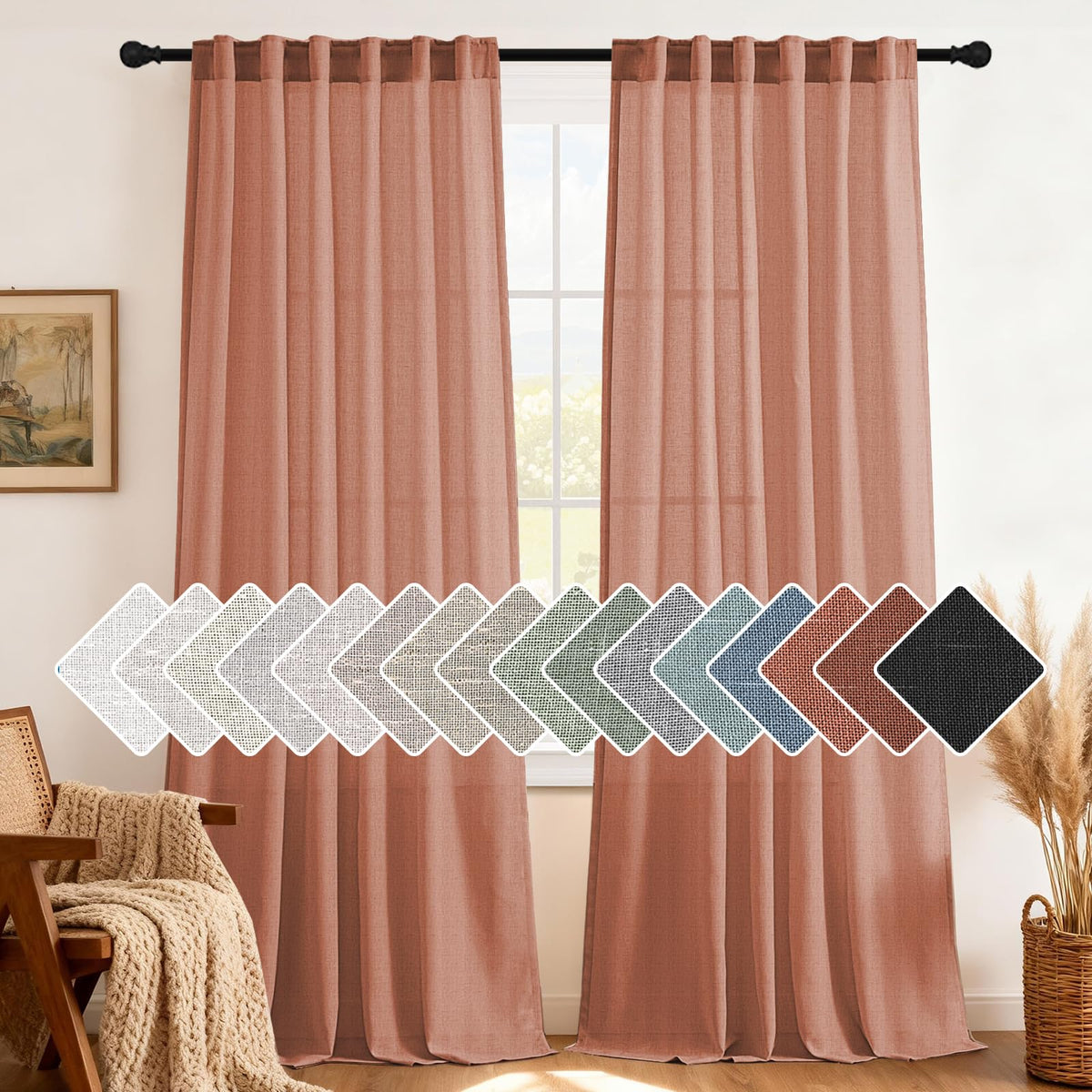 H.VERSAILTEX Natural Linen Grommet Curtains 84 Inch Length for Living Room 2 Panel Drape Semi Sheer Neutral Country Rustic Farmhouse Boho Curtain Bedroom Muslin Look Light Filtering, Heathered Natural