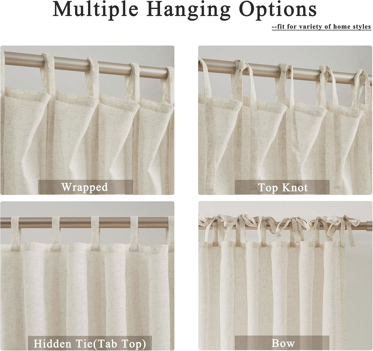 Central Park Tie Top Sheer Curtain Linen Blended, Linen, 50"Wx90"L, 2 Panel