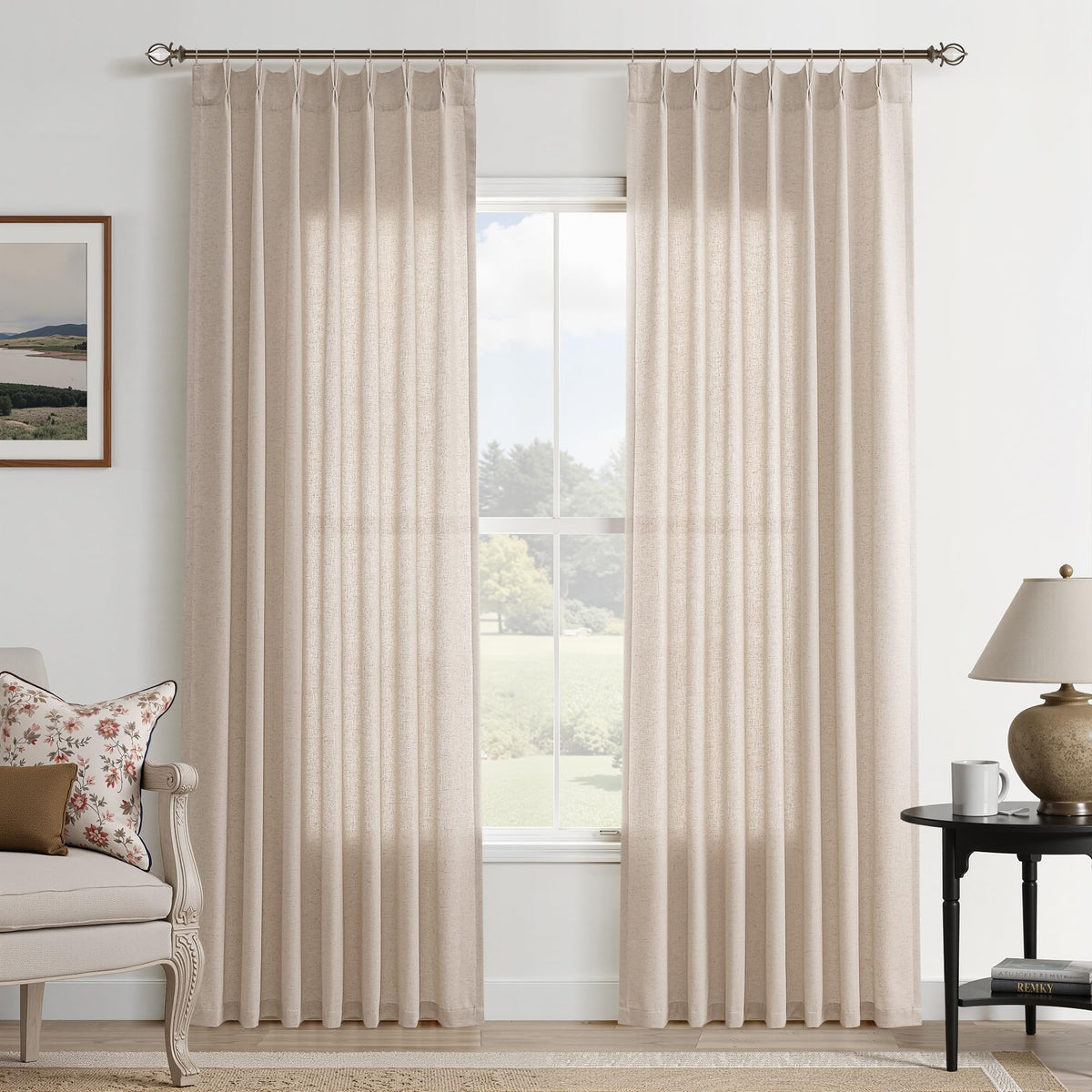 Aersas Linen Pinch Pleated Curtains 84 Inch Length 2 Panels Set for Living Room Cream Semi Sheer Window Curtain for Bedroom Boho Farmhouse Neutral Back Tab Drape Decor with Hooks, Natural Beige Ivory