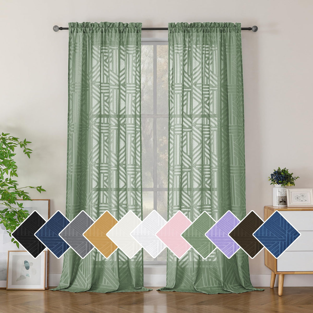 Simplebrand Dusty Blue Semi Sheer Curtains 45 Inch Length 2 Panels, Geometric Jacquard Clip Textured Short Sheer Curtains for Bedroom，Modern Elegant Window Curtains Drapes/Treatment Sheer，42x45 inch