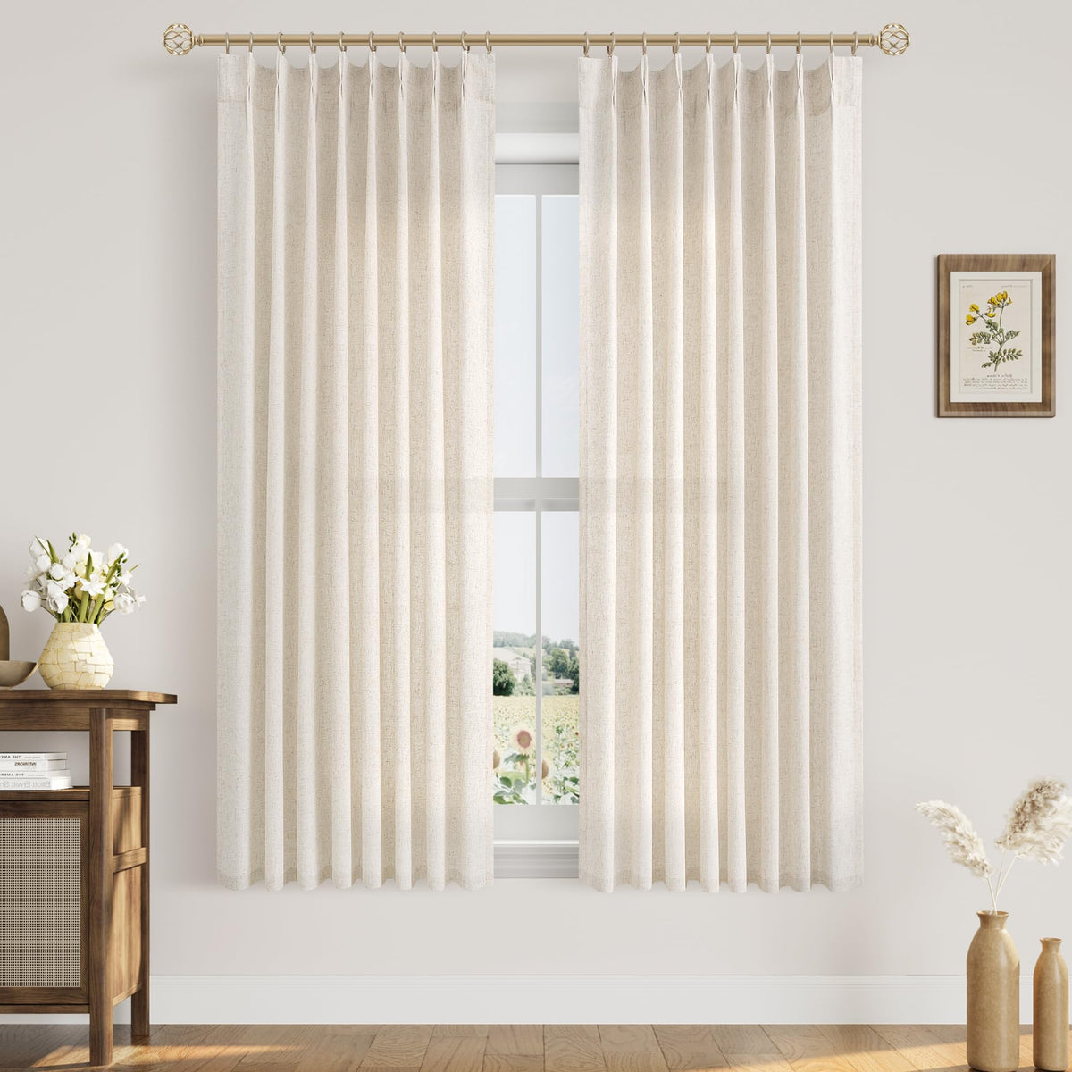 Aersas Linen Pinch Pleated Curtains 84 Inch Length 2 Panels Set for Living Room Cream Semi Sheer Window Curtain for Bedroom Boho Farmhouse Neutral Back Tab Drape Decor with Hooks, Natural Beige Ivory