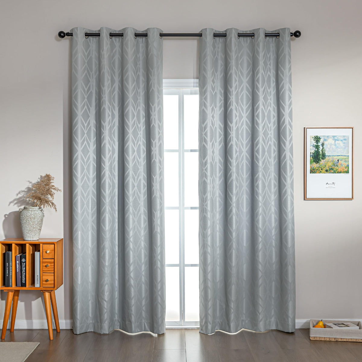 Amazon Basics Jacquard 2-Piece 100% Blackout Curtains, Living Room and Bedroom Drapes, Thermal Insulated Window Treatment, 52"x84", Beige