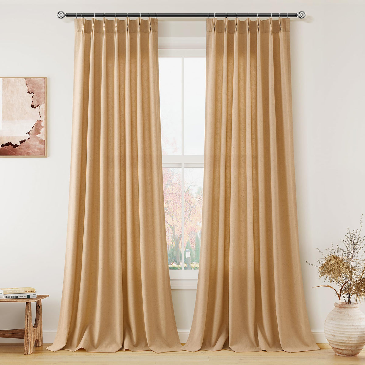 Aersas Linen Pinch Pleated Curtains 84 Inch Length 2 Panels Set for Living Room Cream Semi Sheer Window Curtain for Bedroom Boho Farmhouse Neutral Back Tab Drape Decor with Hooks, Natural Beige Ivory