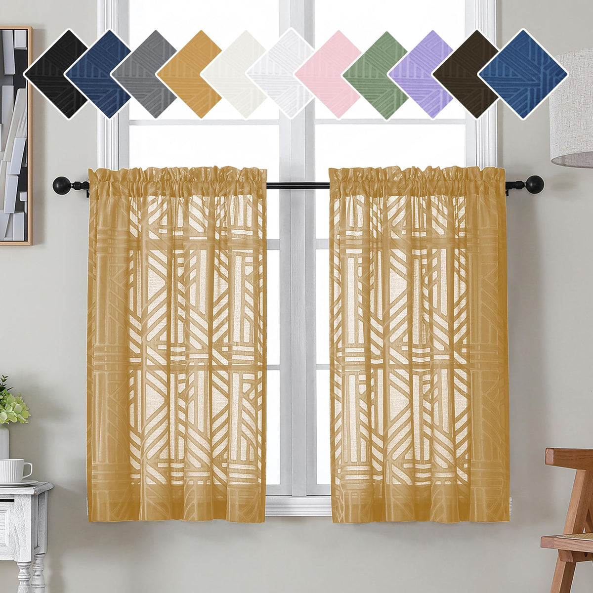Simplebrand Dusty Blue Semi Sheer Curtains 45 Inch Length 2 Panels, Geometric Jacquard Clip Textured Short Sheer Curtains for Bedroom，Modern Elegant Window Curtains Drapes/Treatment Sheer，42x45 inch