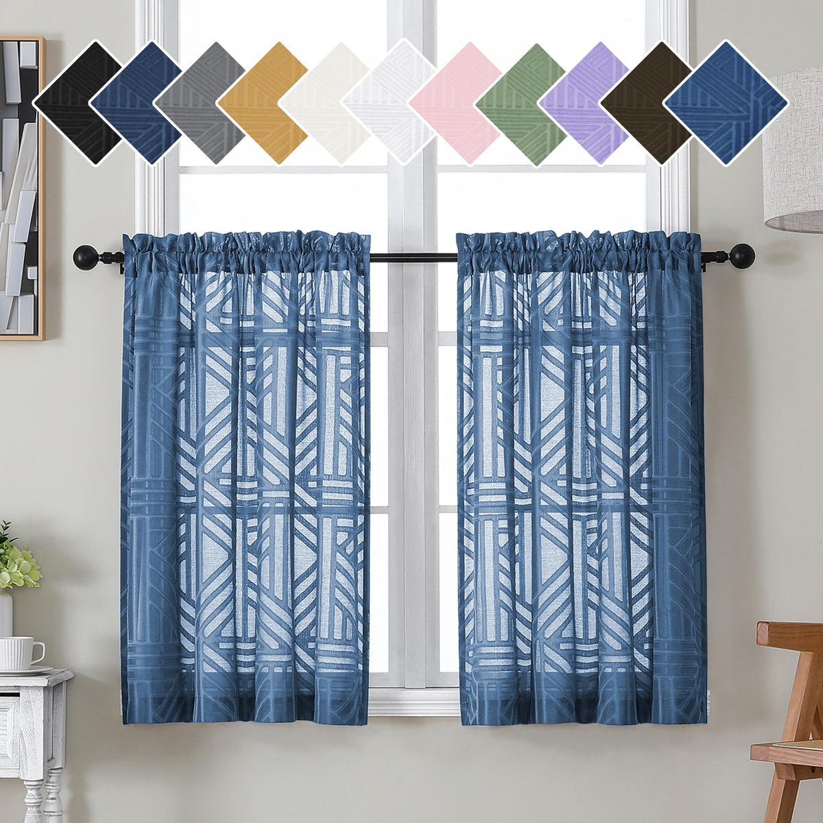 Simplebrand Dusty Blue Semi Sheer Curtains 45 Inch Length 2 Panels, Geometric Jacquard Clip Textured Short Sheer Curtains for Bedroom，Modern Elegant Window Curtains Drapes/Treatment Sheer，42x45 inch