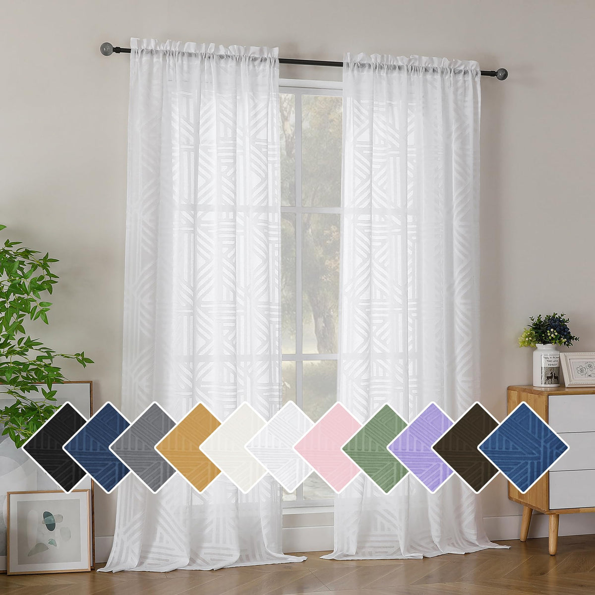 Simplebrand Dusty Blue Semi Sheer Curtains 45 Inch Length 2 Panels, Geometric Jacquard Clip Textured Short Sheer Curtains for Bedroom，Modern Elegant Window Curtains Drapes/Treatment Sheer，42x45 inch
