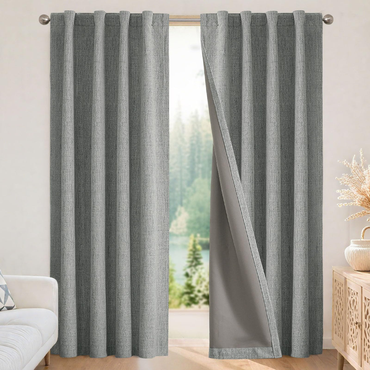 Joydeco Blackout Curtains for Bedroom - 84 Inch Long 100% Light Blocking 2 Panels Light Beige Drapes, Thermal Insulated Room Darkening Curtains, Linen Textured for Living Room, Rod Pocket & Back Tabs