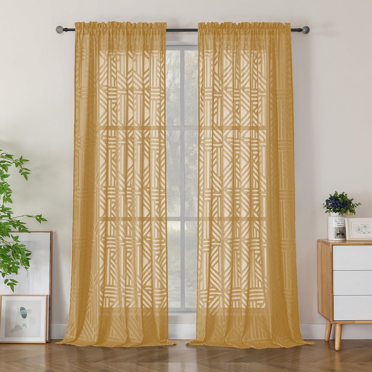 Simplebrand Dusty Blue Semi Sheer Curtains 45 Inch Length 2 Panels, Geometric Jacquard Clip Textured Short Sheer Curtains for Bedroom，Modern Elegant Window Curtains Drapes/Treatment Sheer，42x45 inch