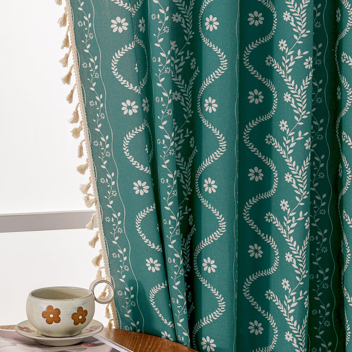 Navy Blue Boho Curtains 72 Inch Long for Living Room, Bedroom, 2 Panels Floral Farmhouse Vintage Tassel Semi Sheer Light Filtering Privacy Window Curtain Drapes with Rod Pocket, Navy Blue