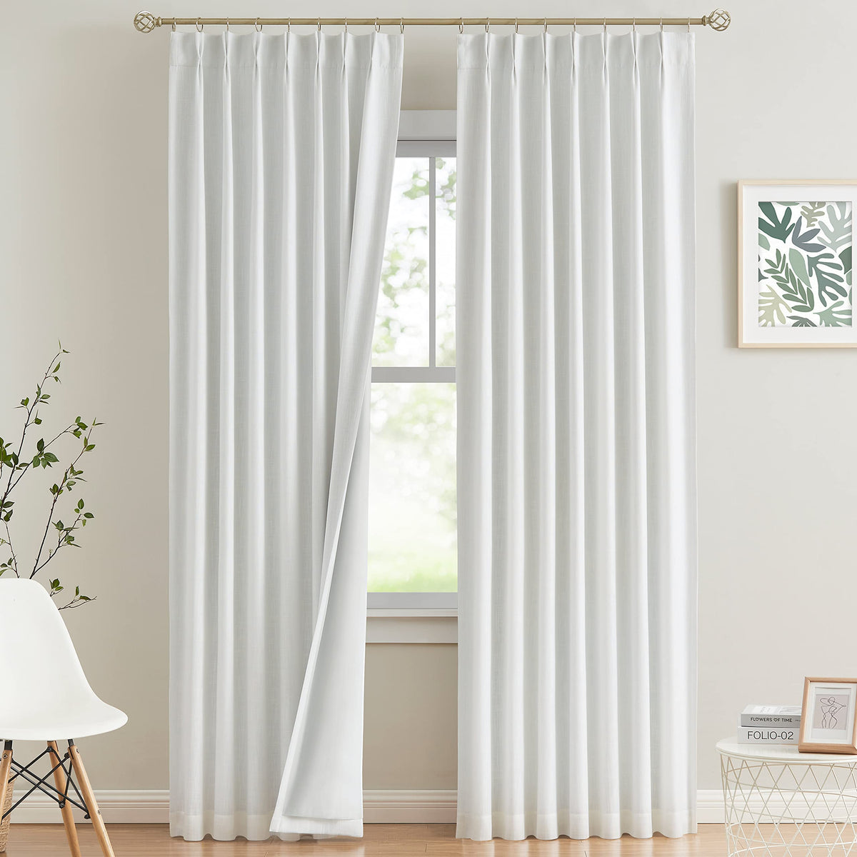 Vision Home Natural Pinch Pleated Full Blackout Curtains Linen Blended Room Darkening Window Curtains 108 inch for Living Room Bedroom Thermal Insulated Pinch Pleat Drapes with Hooks 40" Wx108 Lx2